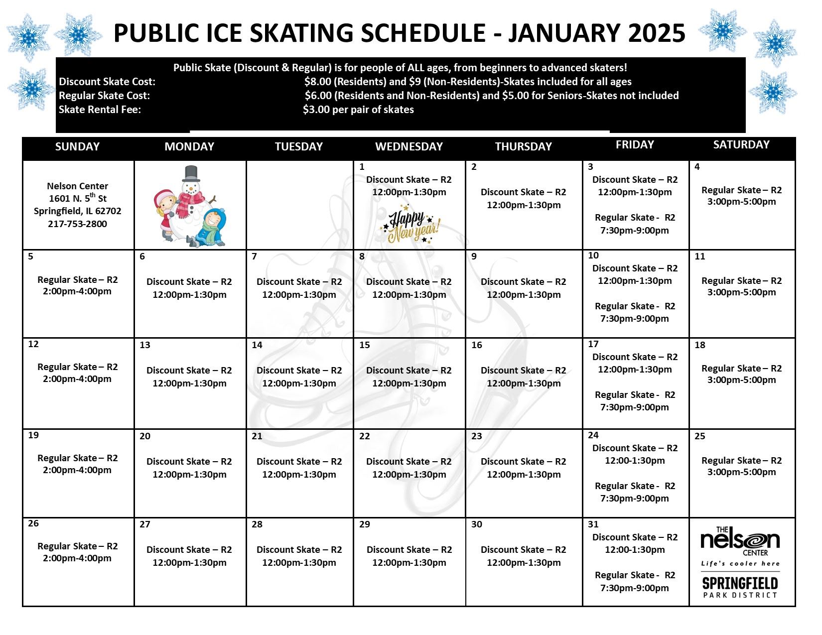 January 2025 Public Ice Skate Schedule